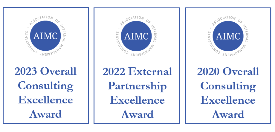 AIMC External Partnership Excellence Award badges for 2023, 2022, and 2022