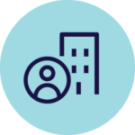 Teal line drawing of a person and exterior of a building